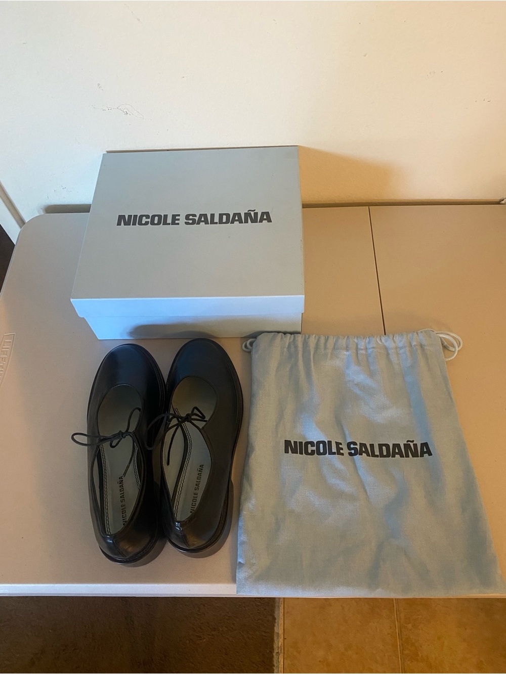 Nicole Saldaña Women’s Black Leather Tie Ballet heeled Mary Jane’s